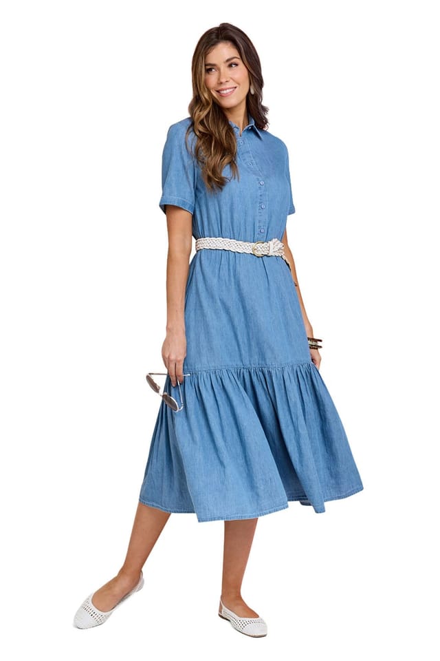 Amber Amber Women's Tiered Denim Dress - Lightweight Short Sleeve Cotton in Light Blue - 2