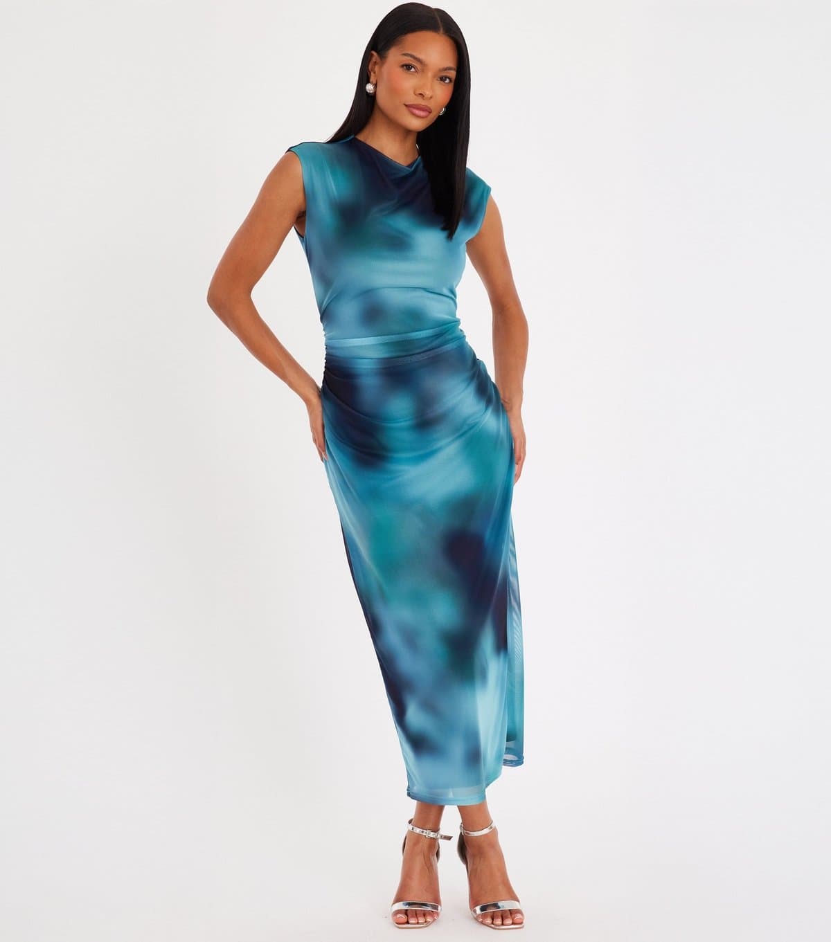 Quiz Women's Teal Mesh Marble Midaxi Dress Quiz New Look