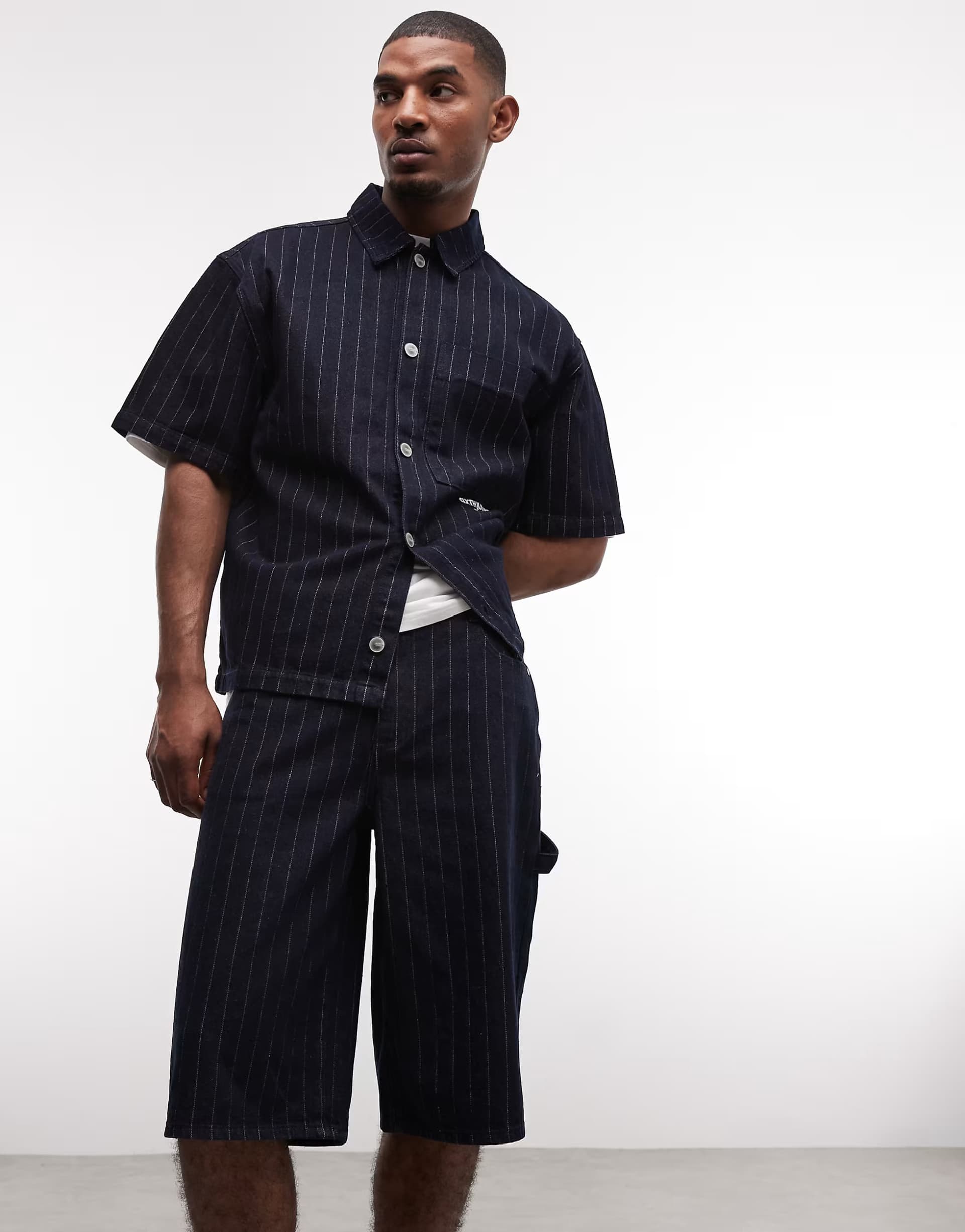 ASOS Sixth June striped denim baggy co-ord shirt in navy