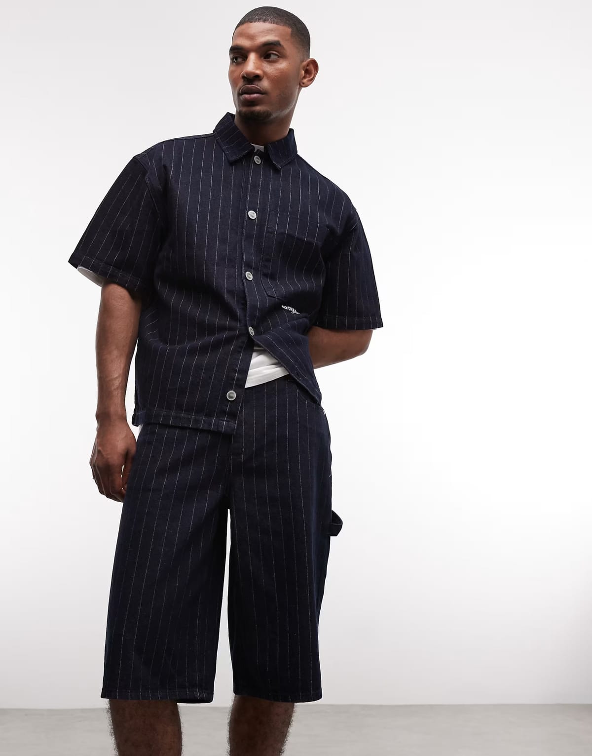 ASOS Sixth June striped denim baggy co-ord shirt in navy - 1