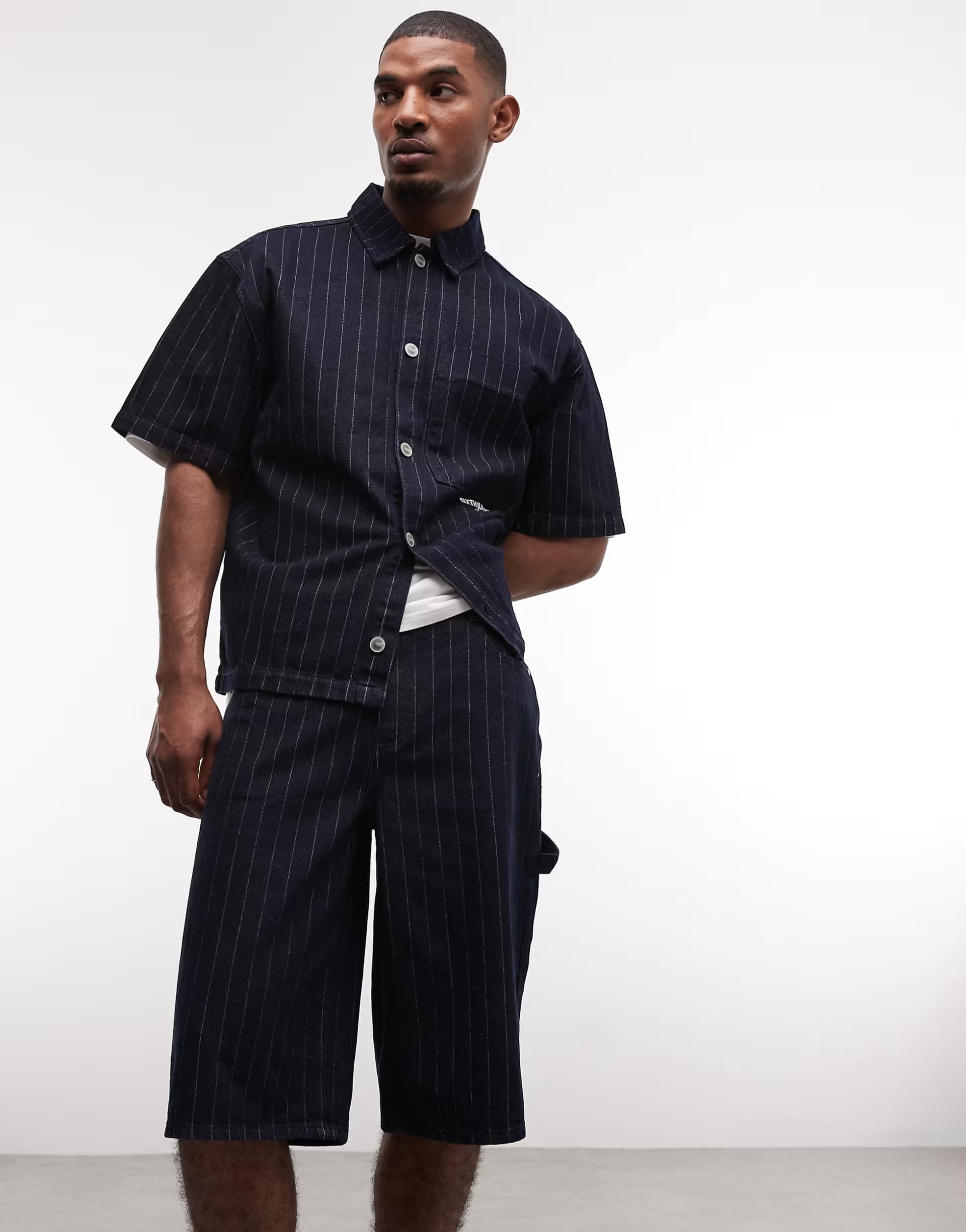 Sixth June striped denim baggy co-ord shirt in navy