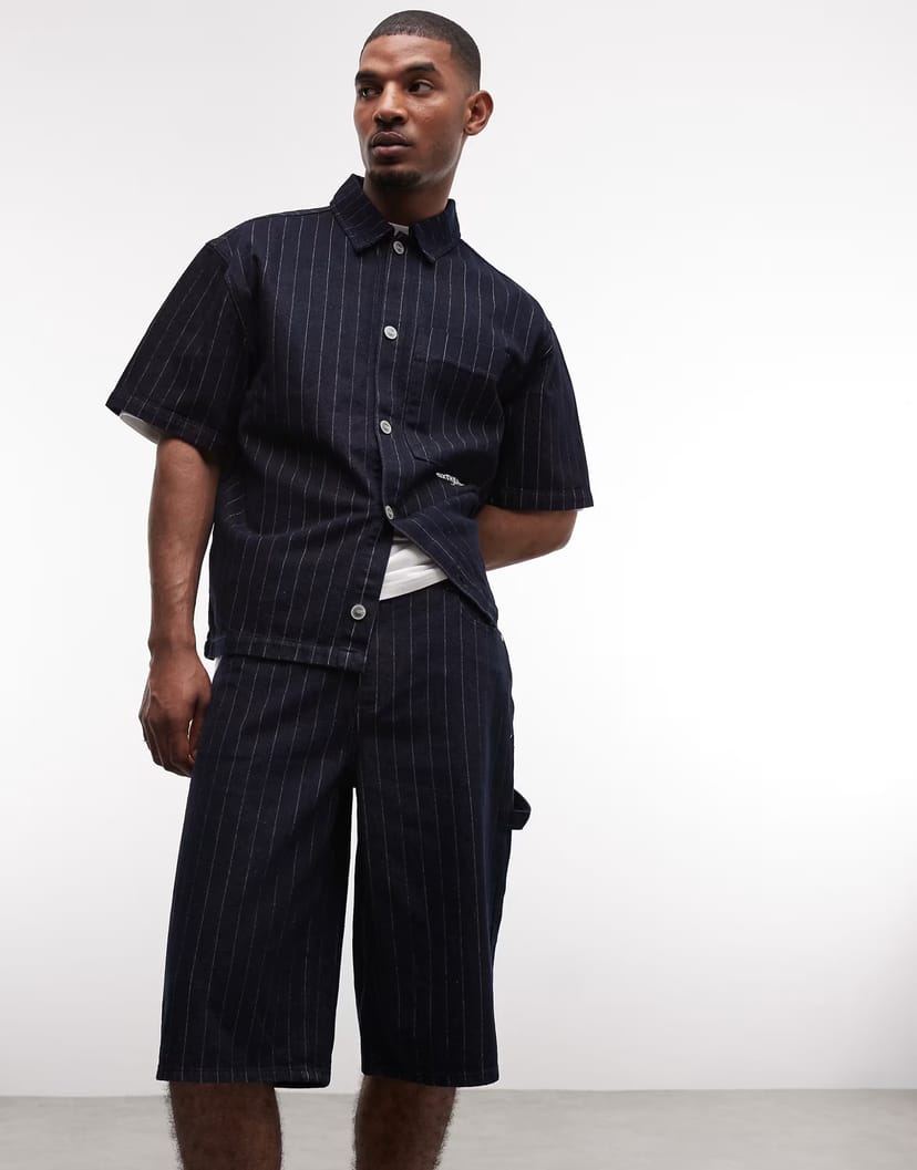 ASOS Sixth June striped denim baggy co-ord shirt in navy - 1