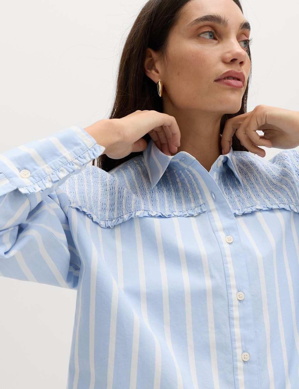 Marks & Spencer M&S Pure Cotton Shirred Striped Shirt Blue Mix - 2