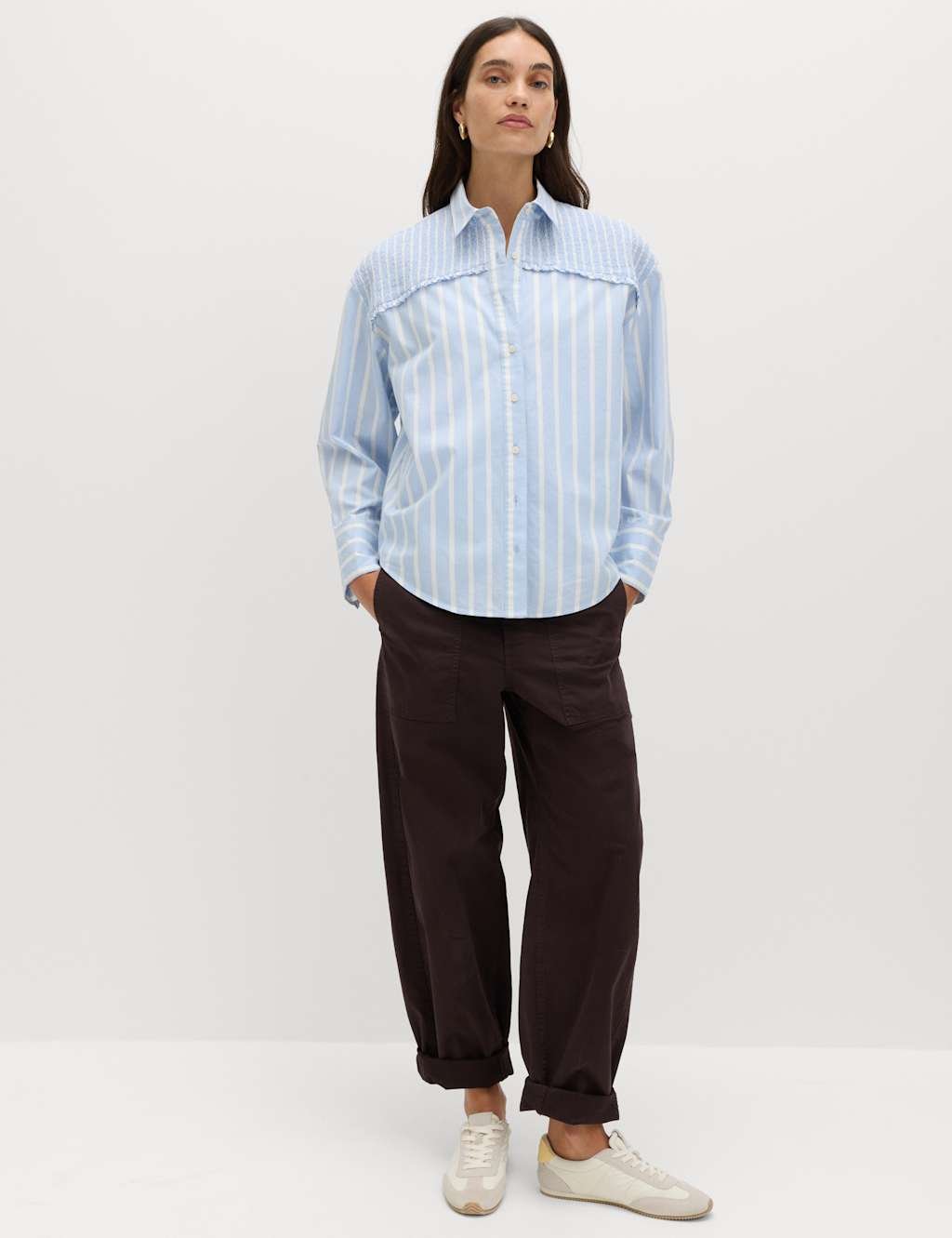 Marks & Spencer M&S Pure Cotton Shirred Striped Shirt Blue Mix - 4