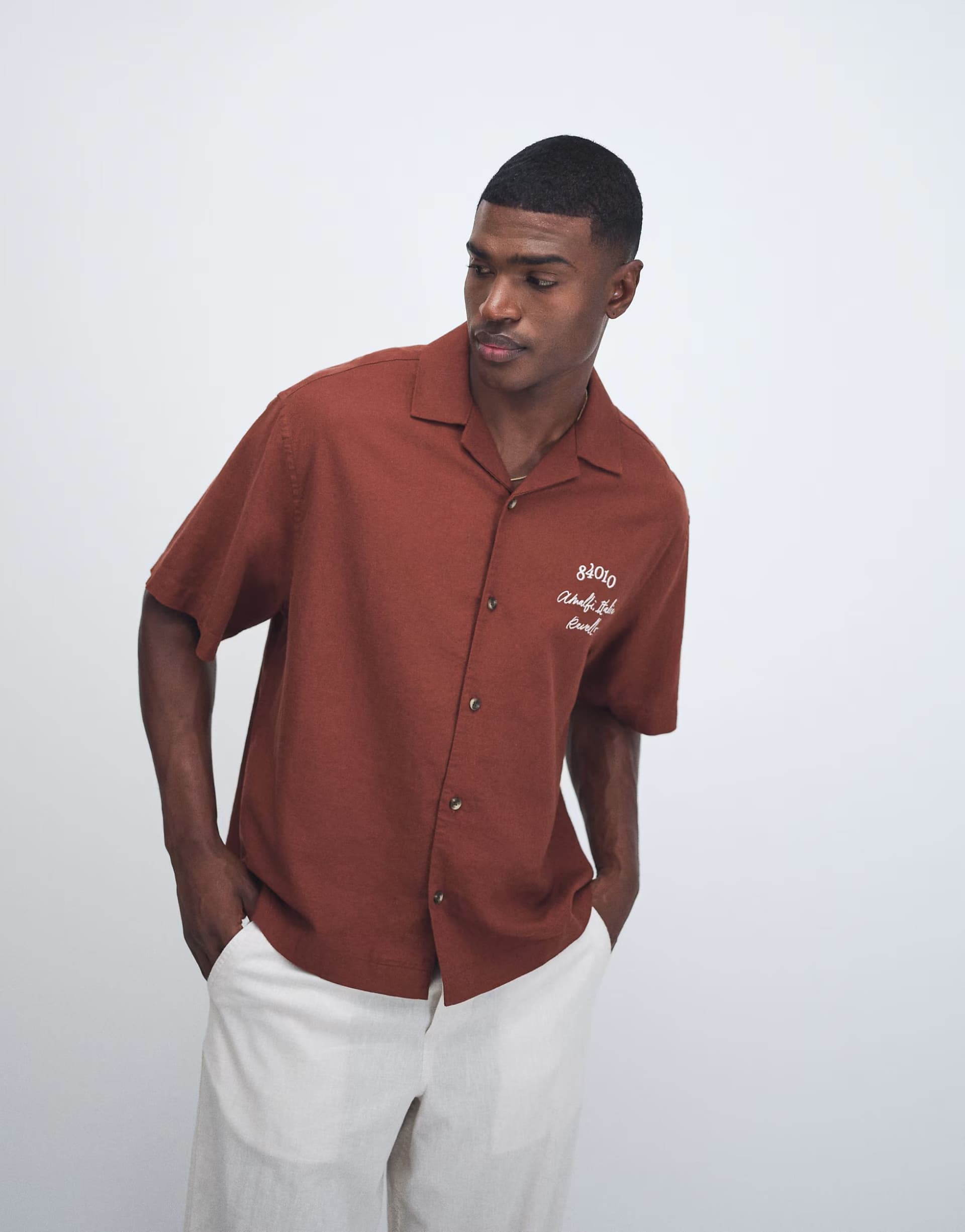 ASOS ASOS DESIGN oversized revere linen blend shirt with back and chest embroidery in brown