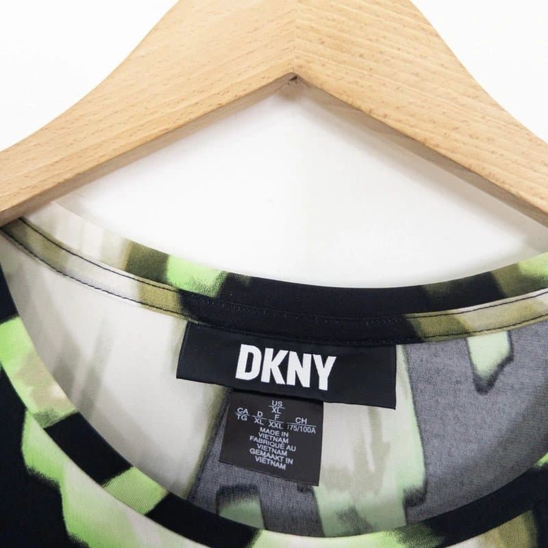 DKNY Dkny Black Green Abstract Jersey Blouse Size XL Organza Sleeve