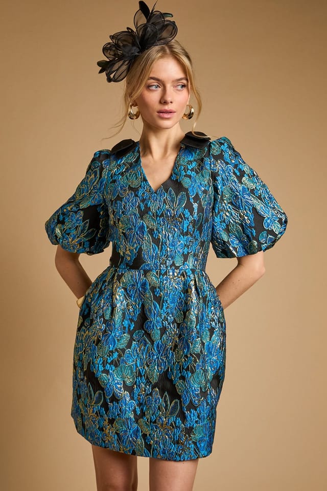Oasis Oasis Women's Bow Shoulder Puff Sleeve V Neck Mini Dress in Blue - 2