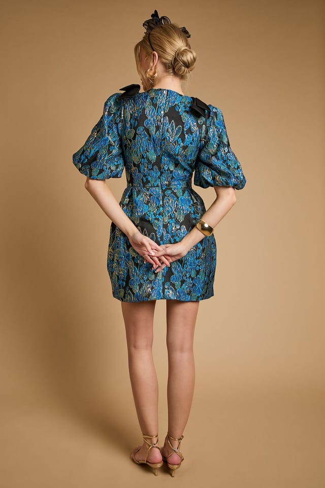 Oasis Oasis Women's Bow Shoulder Puff Sleeve V Neck Mini Dress in Blue - 3