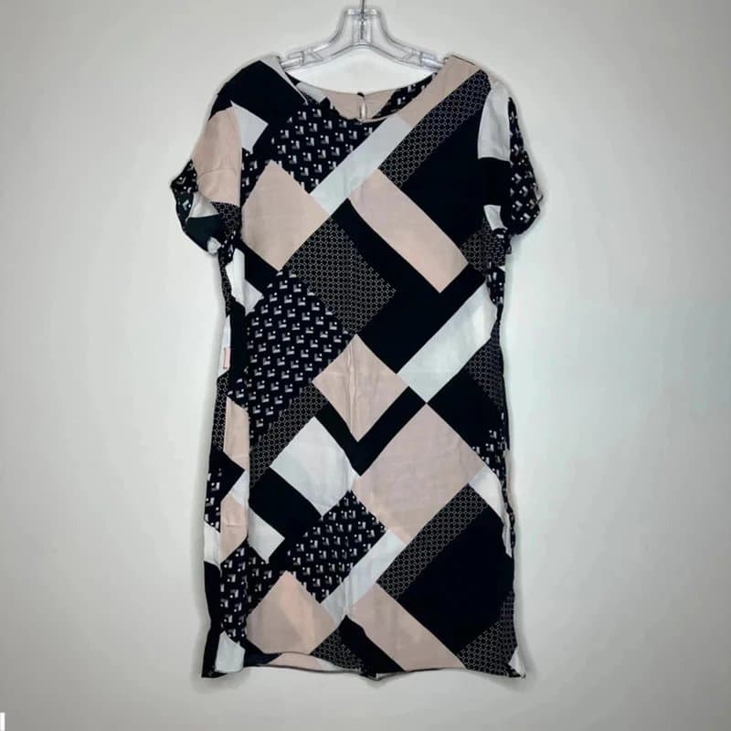 New Look New Look Tunic Dress Size UK 12 Geometric Patchwork Pattern Navy Blue Pink White