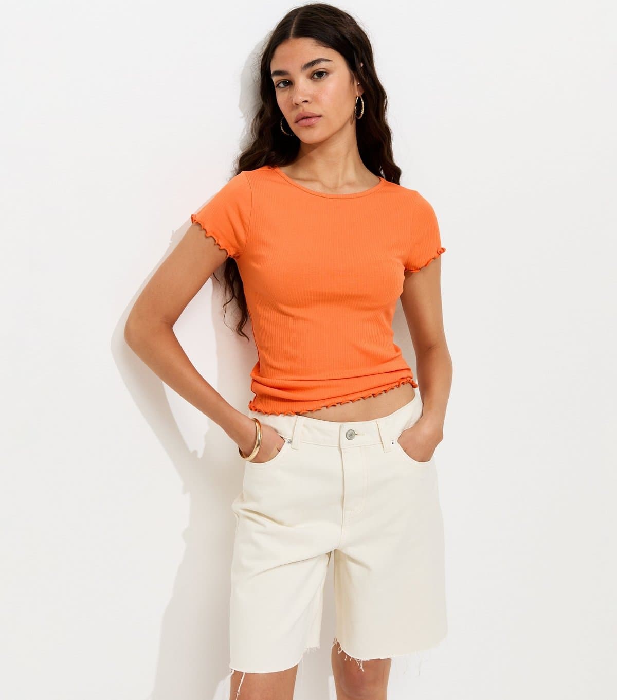 New Look Women's Bright Orange Ribbed Jersey Frilly Trim Short Sleeve Top New Look