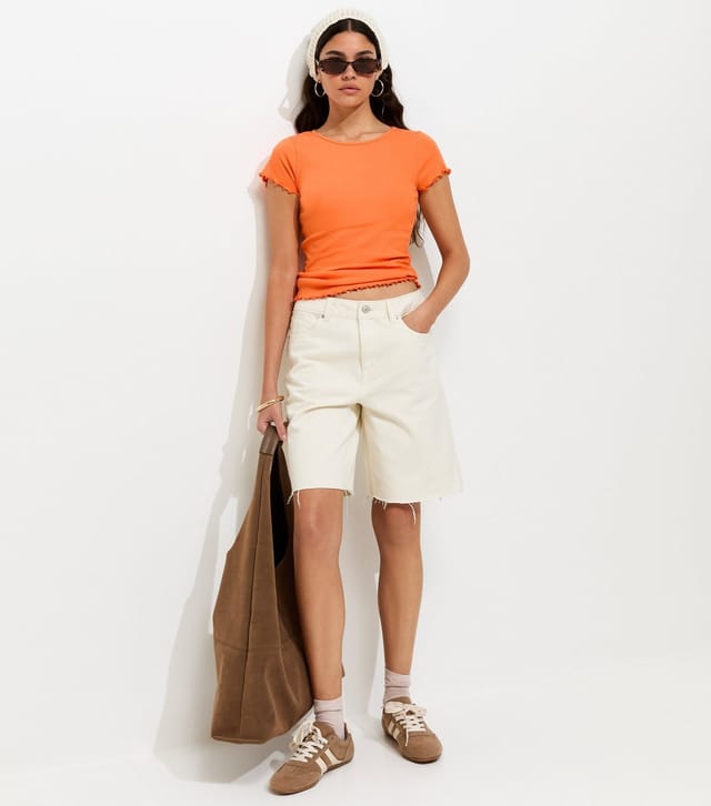 New Look Women's Bright Orange Ribbed Jersey Frilly Trim Short Sleeve Top New Look - 2