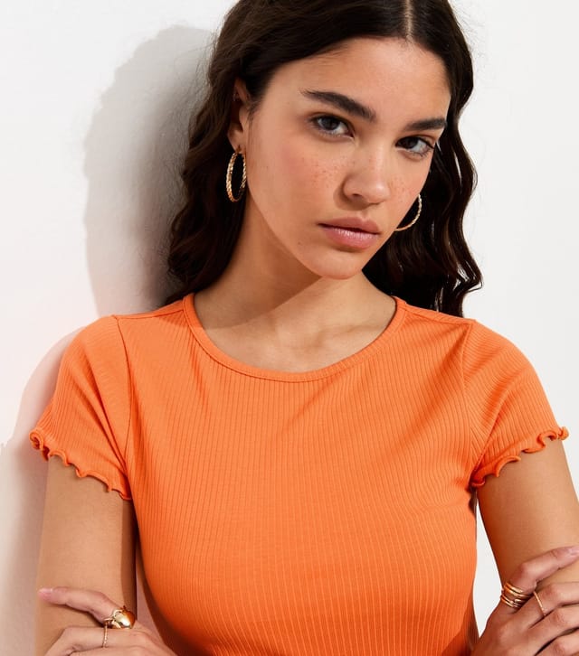 New Look Women's Bright Orange Ribbed Jersey Frilly Trim Short Sleeve Top New Look - 3