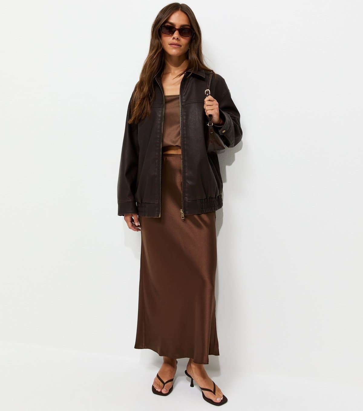 New Look Women's Petite Brown Satin Bias Cut Midi Skirt New Look