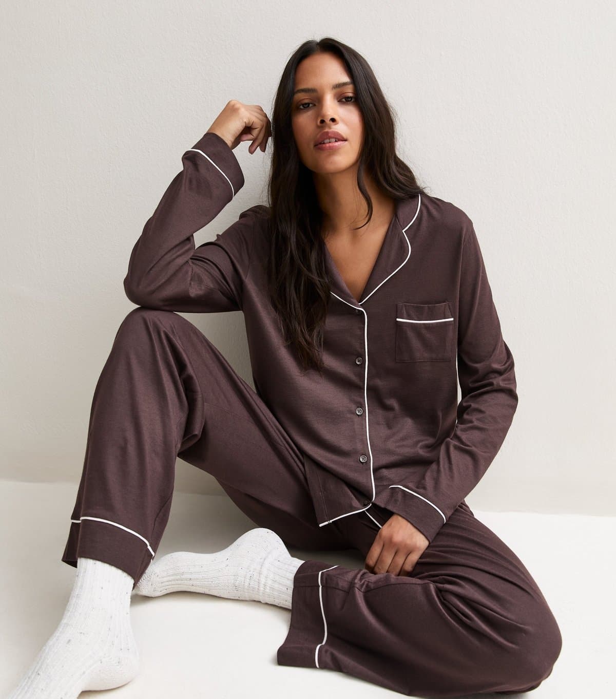 New Look Women's Dark Brown Jersey Revere Shirt and Trousers Pyjama Set New Look