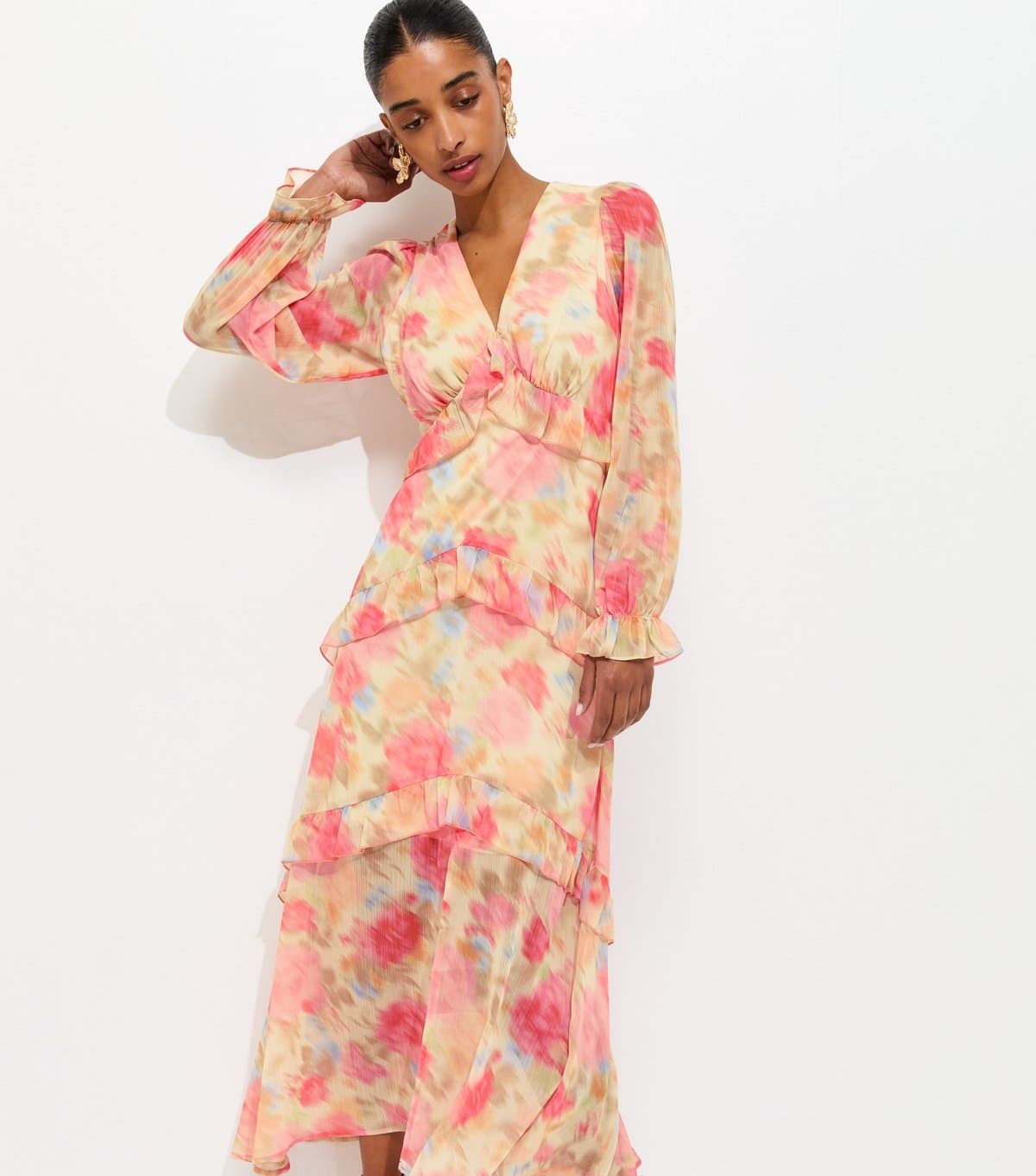 New Look Women's Pink Chiffon Floral Long Sleeve Midi Dress New Look