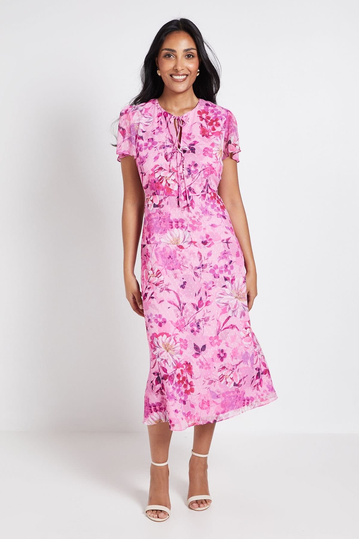 Wallis Wallis Women's Petite Floral Dobby Tie Front Midi Dress in Pink