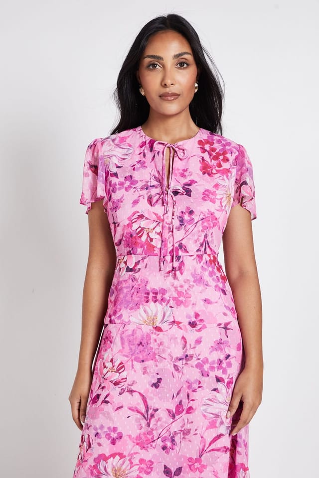 Wallis Wallis Women's Petite Floral Dobby Tie Front Midi Dress in Pink - 2