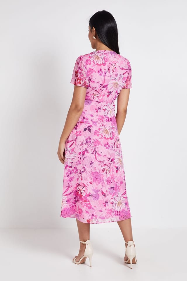 Wallis Wallis Women's Petite Floral Dobby Tie Front Midi Dress in Pink - 3