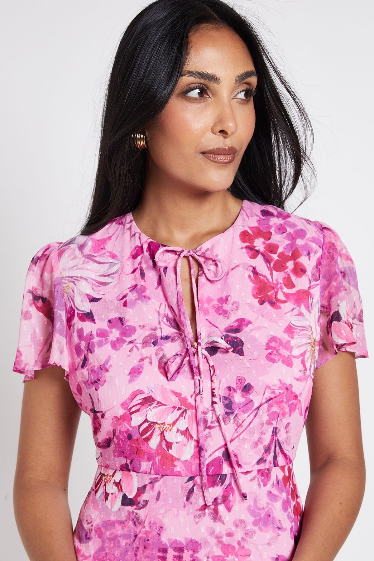 Wallis Wallis Women's Petite Floral Dobby Tie Front Midi Dress in Pink - 4