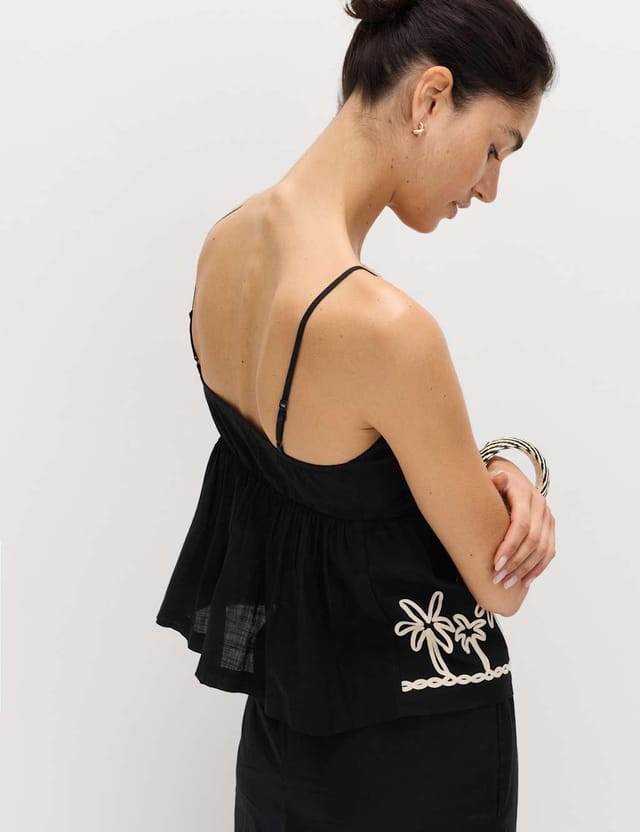 Marks & Spencer M&S Pure Cotton Embroidered Cami Beach Top Black Mix - 3