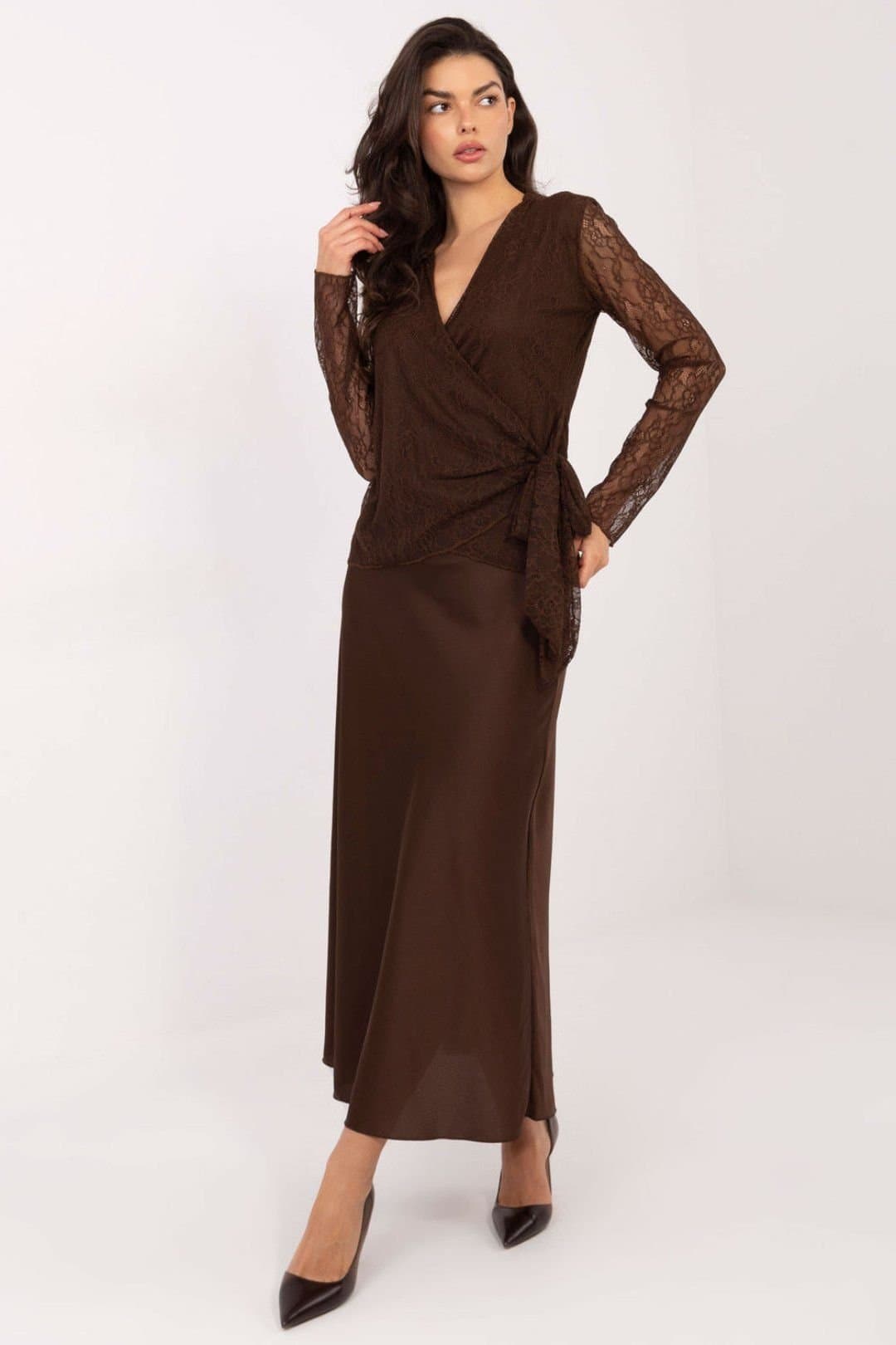 Love Lace Love Lace Women's Short Lace Wrap Blouse with Tie Detail in Brown
