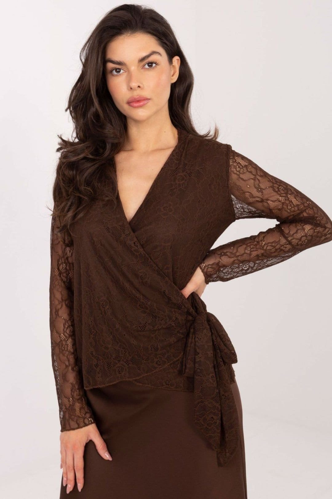 Love Lace Love Lace Women's Short Lace Wrap Blouse with Tie Detail in Brown - 4