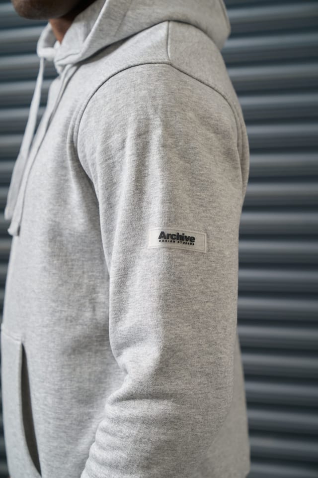 Archive Design Studios Archive Design Studios Archive Men's Joro Hoodie - Brushed Back Fleece with Rubber Sleeve Badge in Grey - 3