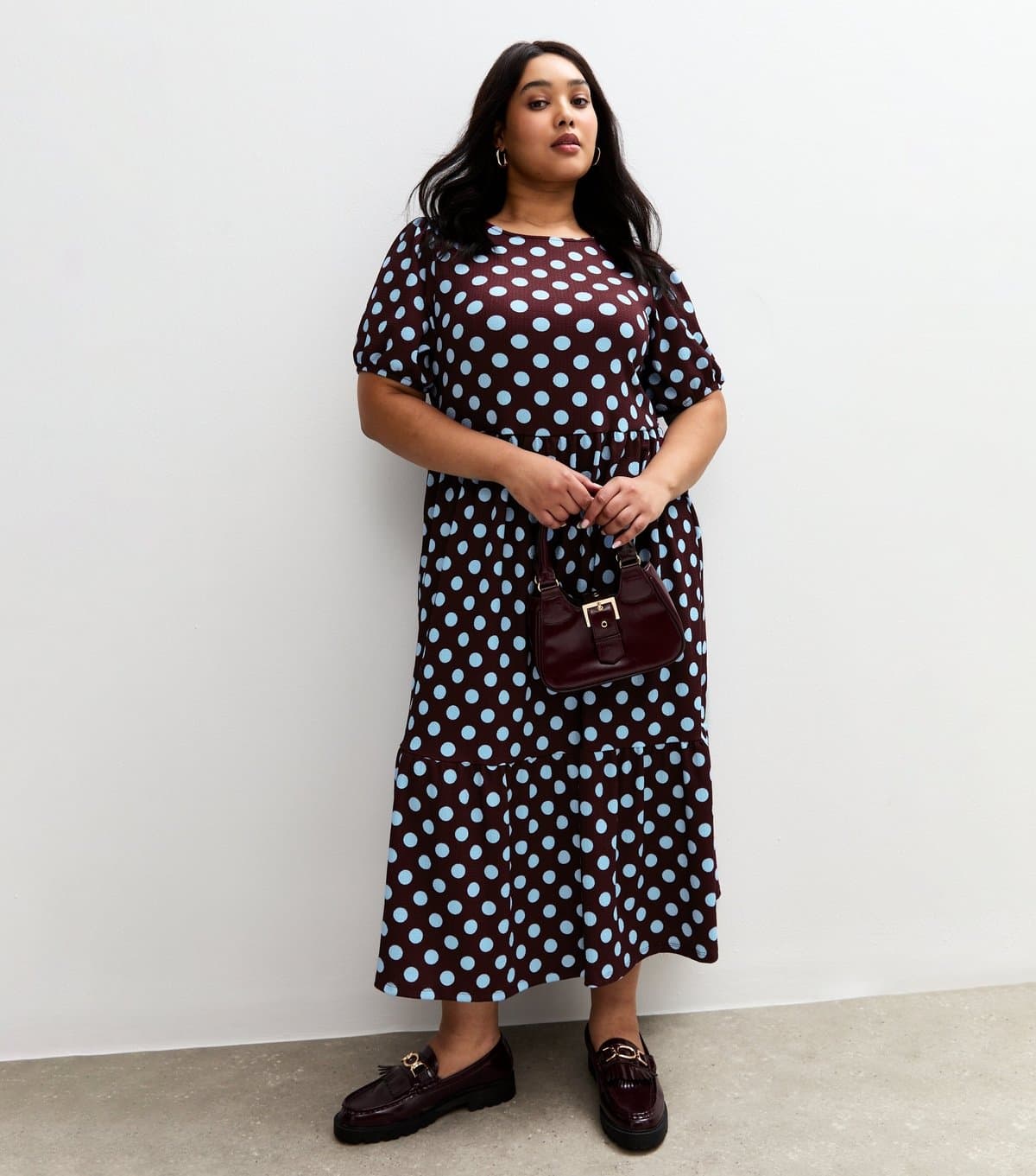 New Look Women's Plus Size Purple Polka Dot Tiered Midi Dress Curves New Look