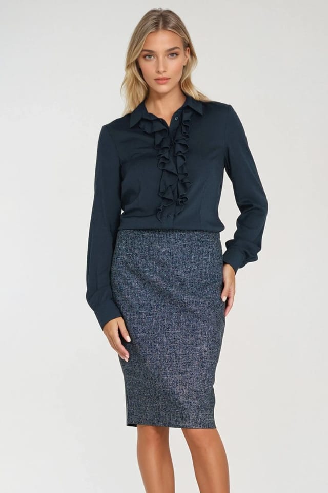 Love Lace Love Lace Women's Classic Melange Pencil Skirt with Back Zip in Blue - 2