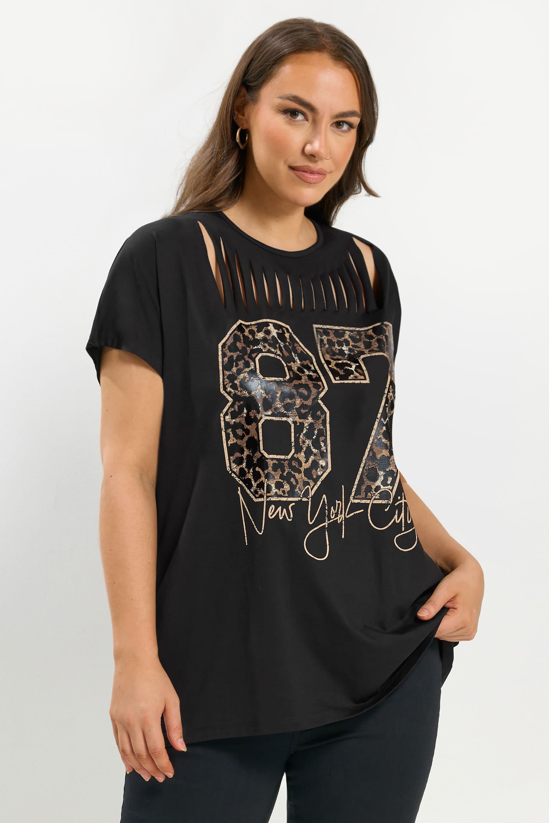 Yours Plus Size Black Leopard '87' Slash Detail Top