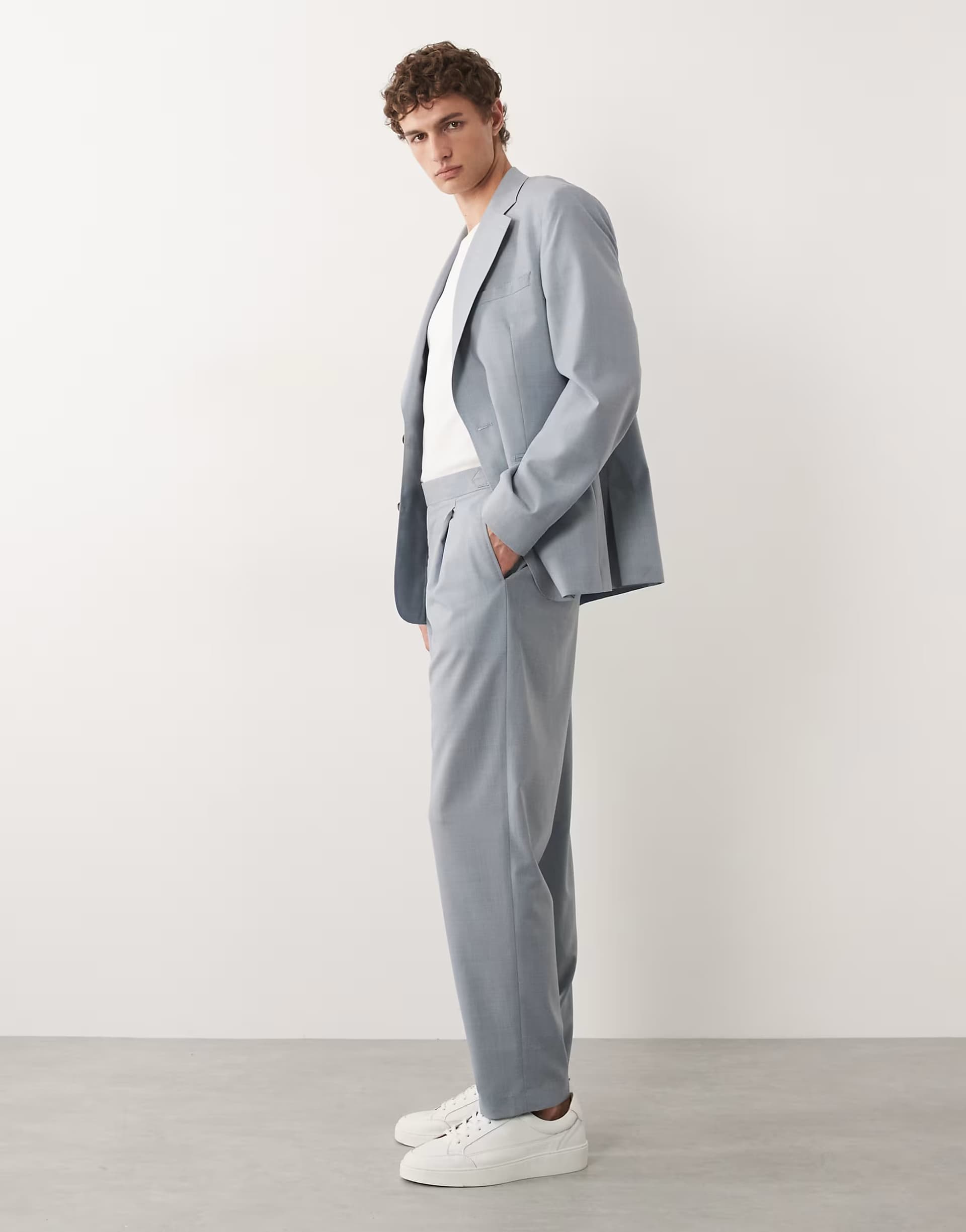 ASOS ASOS DESIGN premium relaxed tapered suit trousers in light blue linen and wool