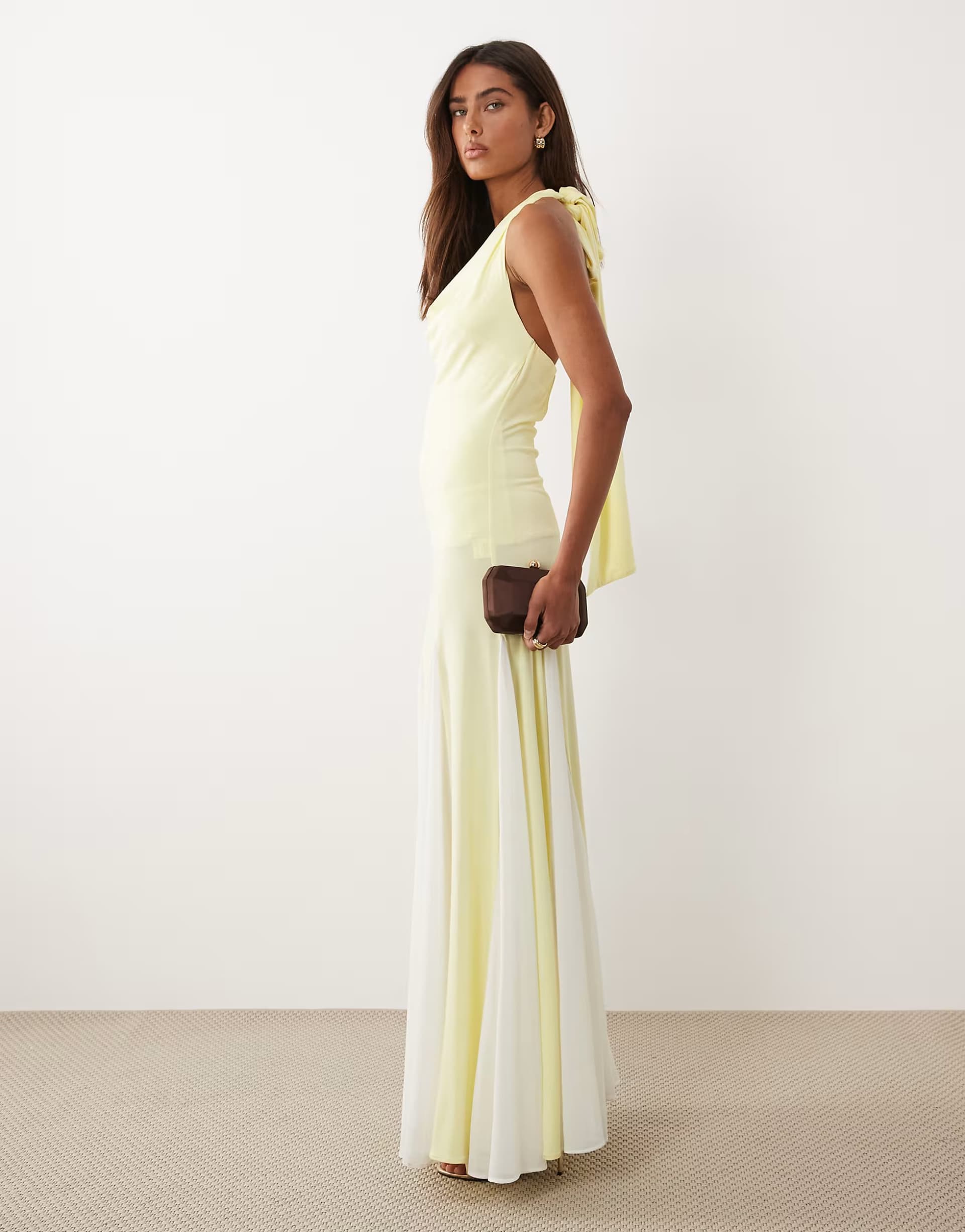 ASOS TFNC halter neck chiffon maxi dress in yellow and cream