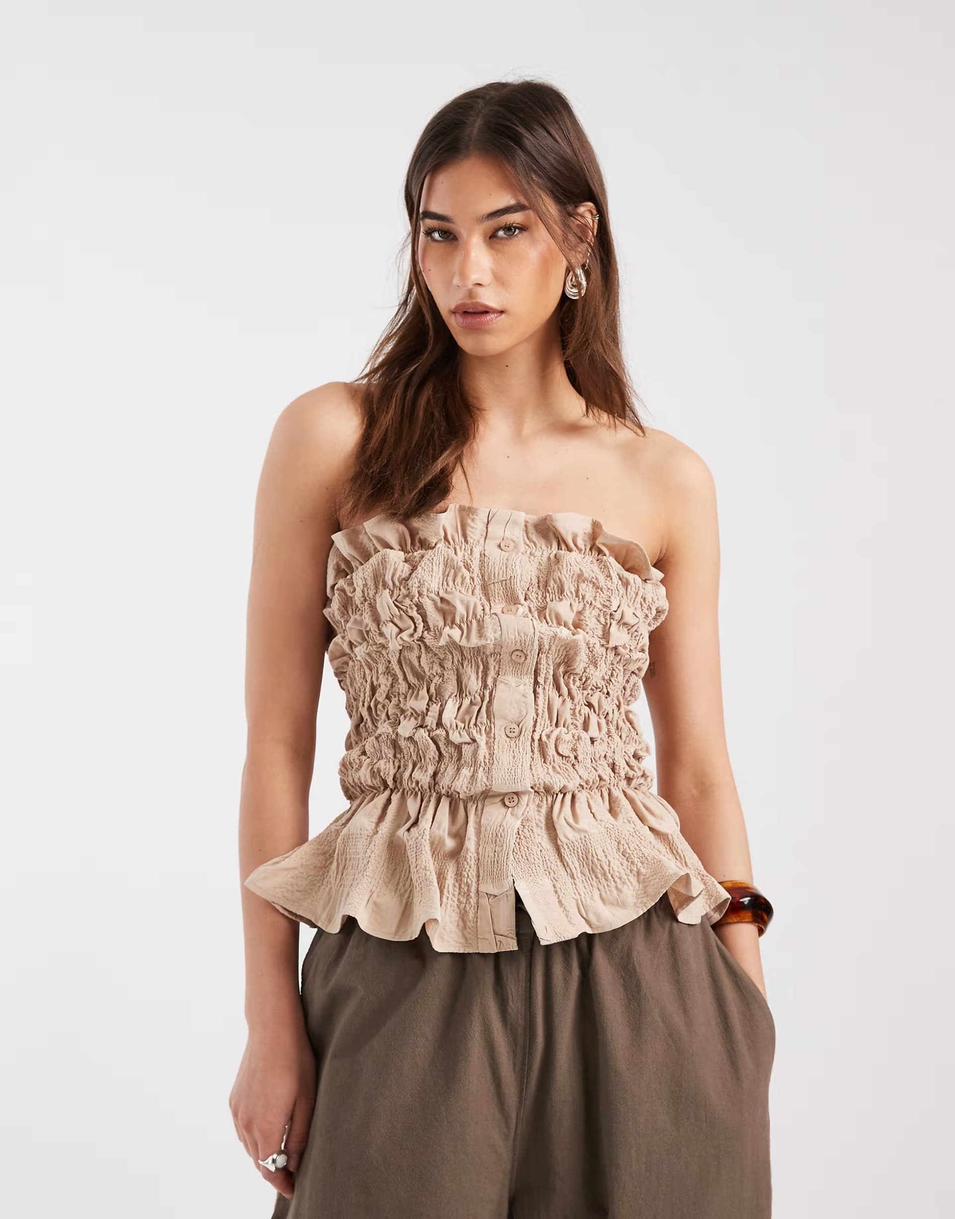 ASOS Laagam susan strapless ruched ruffle top in sand