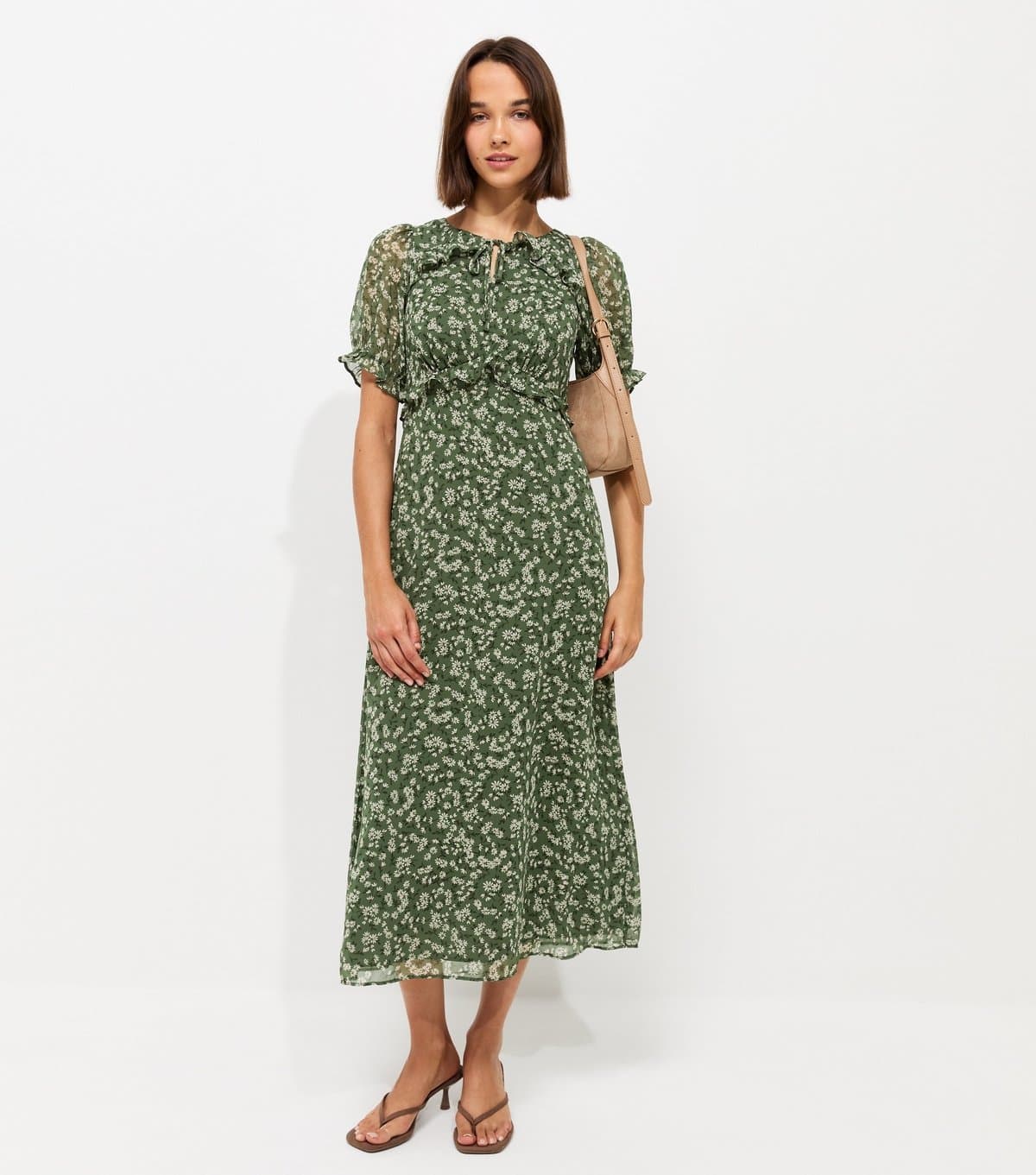 New Look Women's Green Floral Print Ruffle Trim Chiffon Short Sleeve Midi Dress New Look