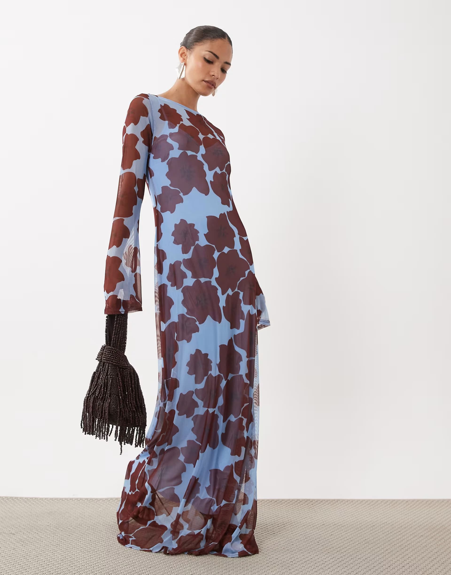 ASOS Never Fully Dressed Petite mesh long sleeved crew neck maxi dress in poppy print