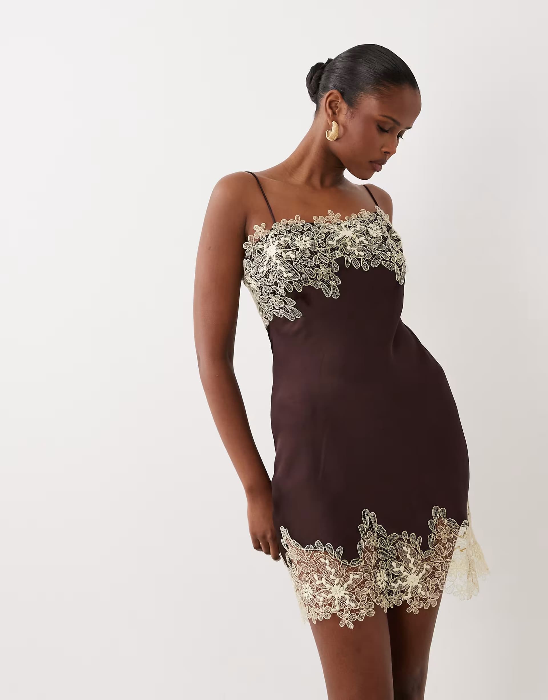 ASOS ASOS DESIGN satin bias lace applique mini dress in chocolate and yellow