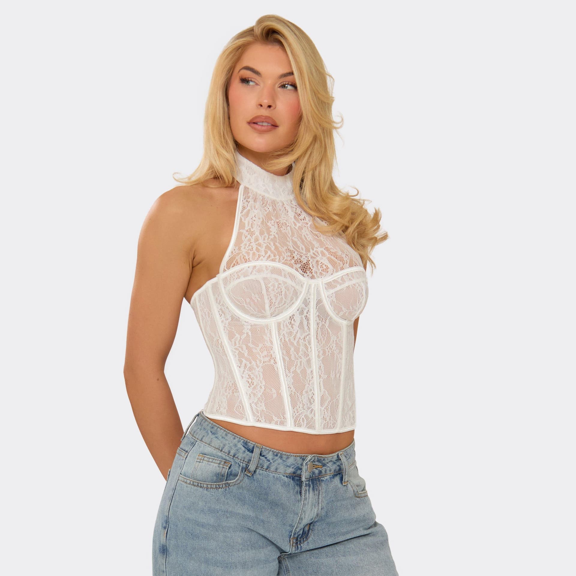 EGO High Neck Underwired Corset Top In White Lace, Women's Size UK 6