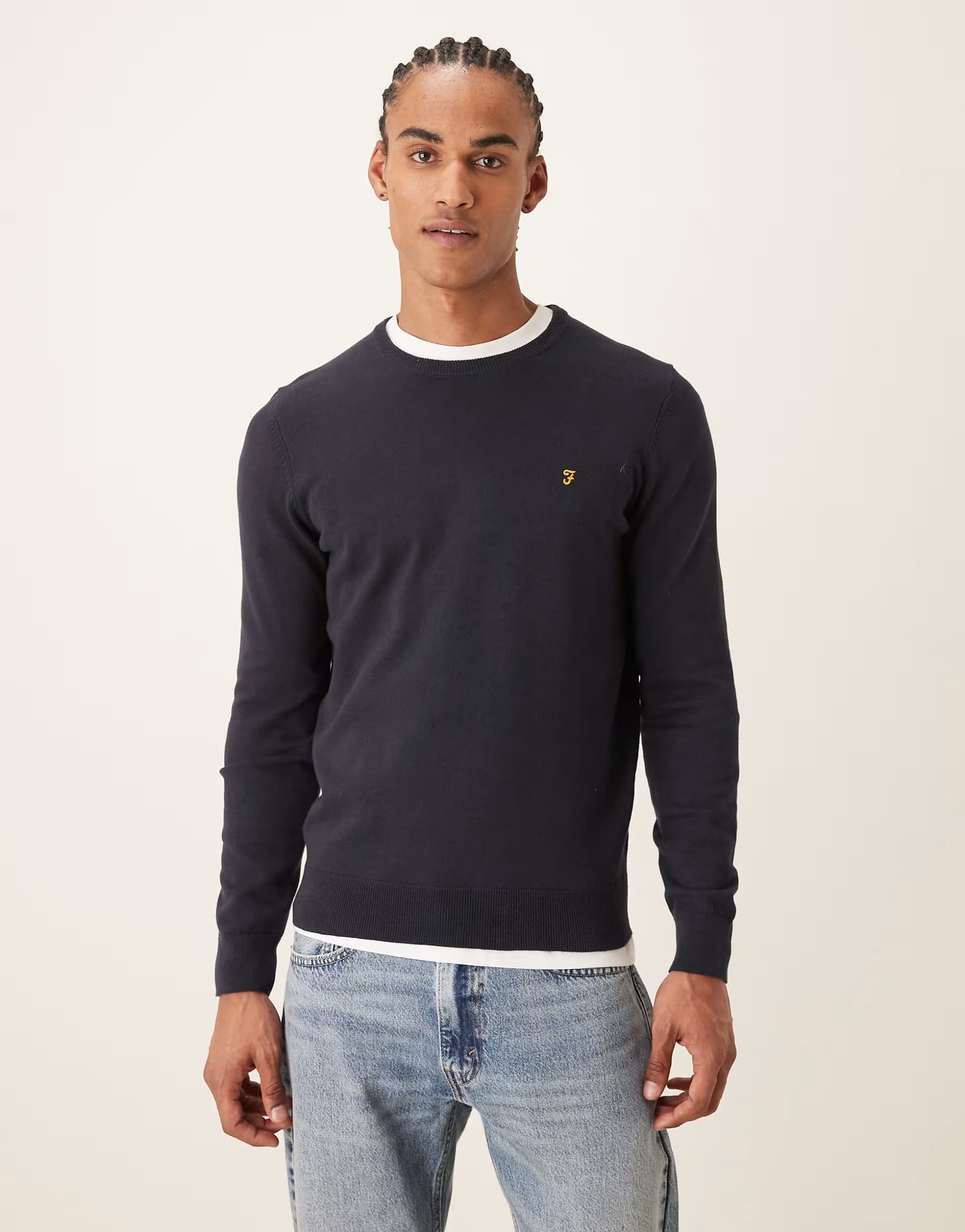 ASOS Farah Mullen cotton logo knit jumper in navy