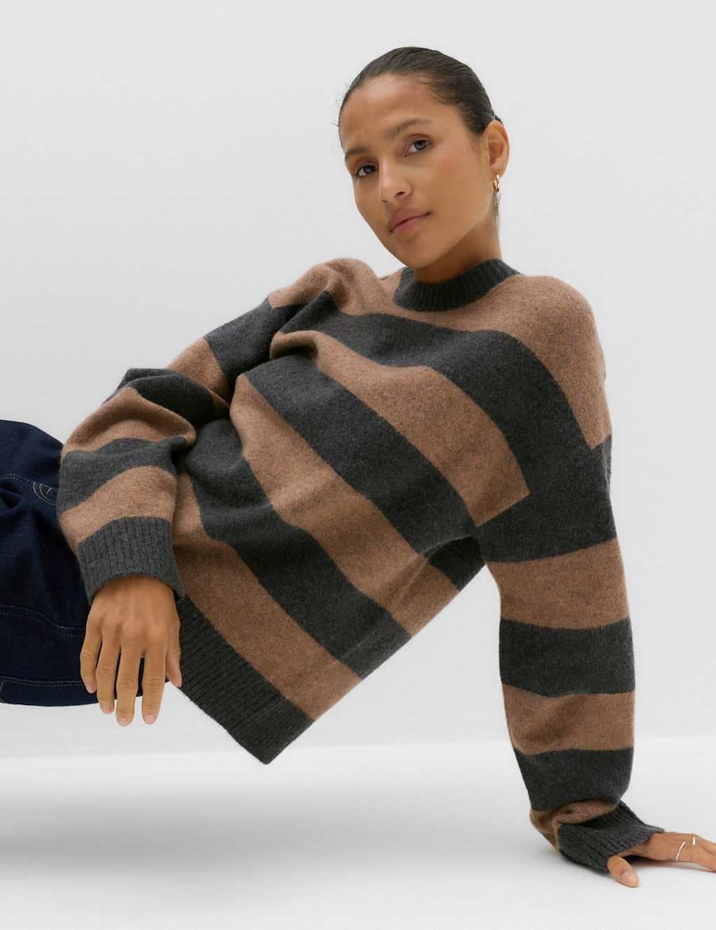 Marks & Spencer M&S Striped Crew Neck Relaxed Jumper with Wool Charcoal Mix
