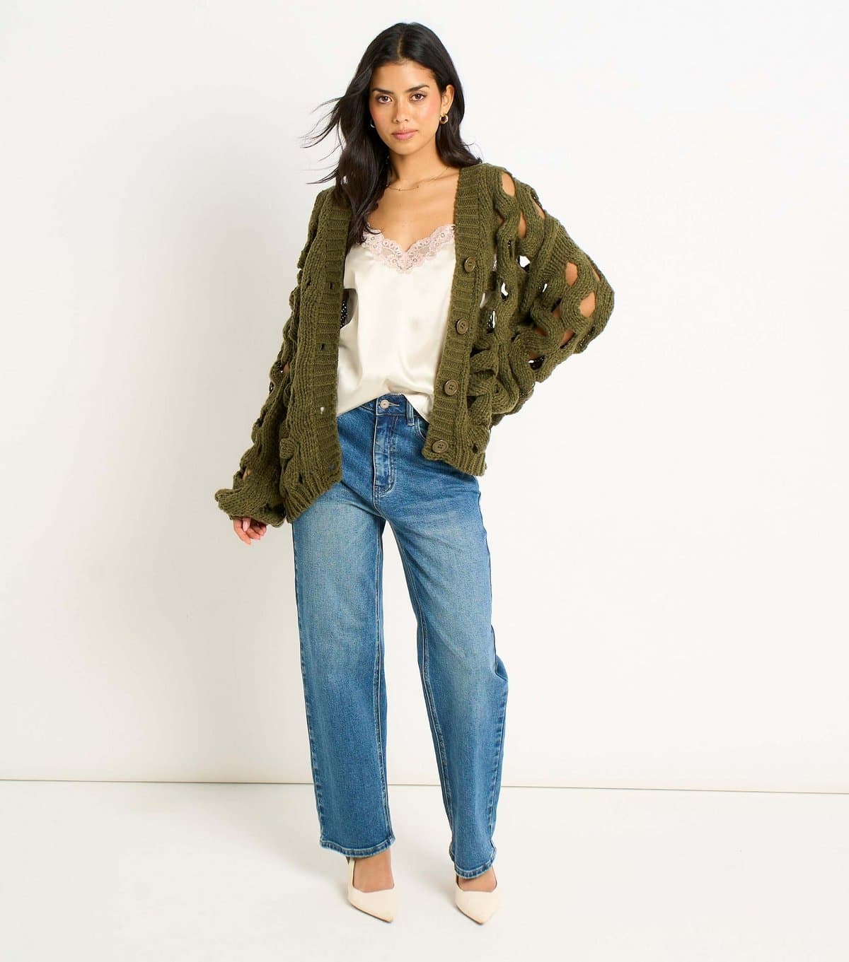 Gini London Women's Light Khaki Hollow Chunky Knit Cardigan Gini London New Look