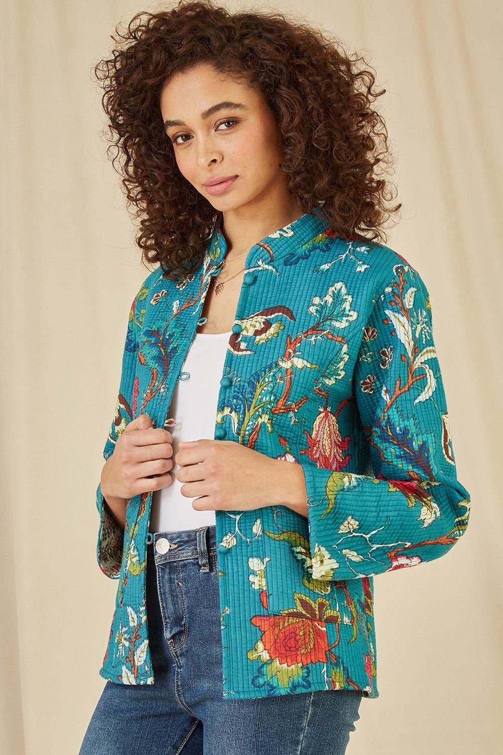 Yumi Yumi Women's Teal Floral Print Reversible Cotton Quilted Jacket