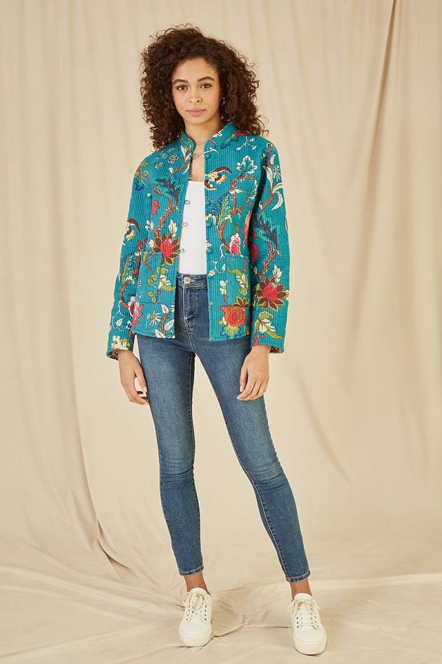 Yumi Yumi Women's Teal Floral Print Reversible Cotton Quilted Jacket - 2
