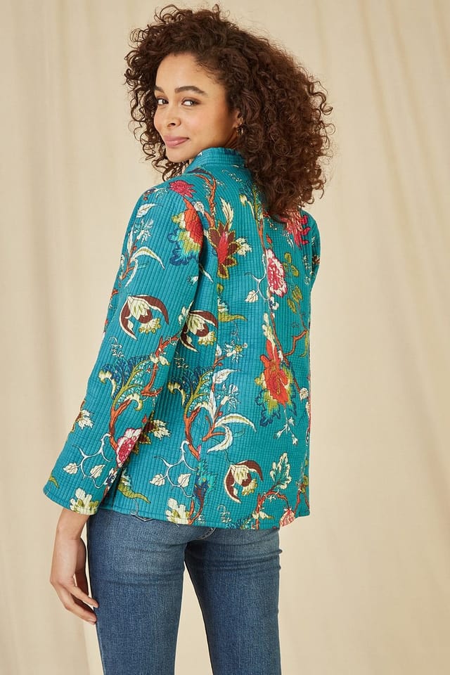 Yumi Yumi Women's Teal Floral Print Reversible Cotton Quilted Jacket - 3