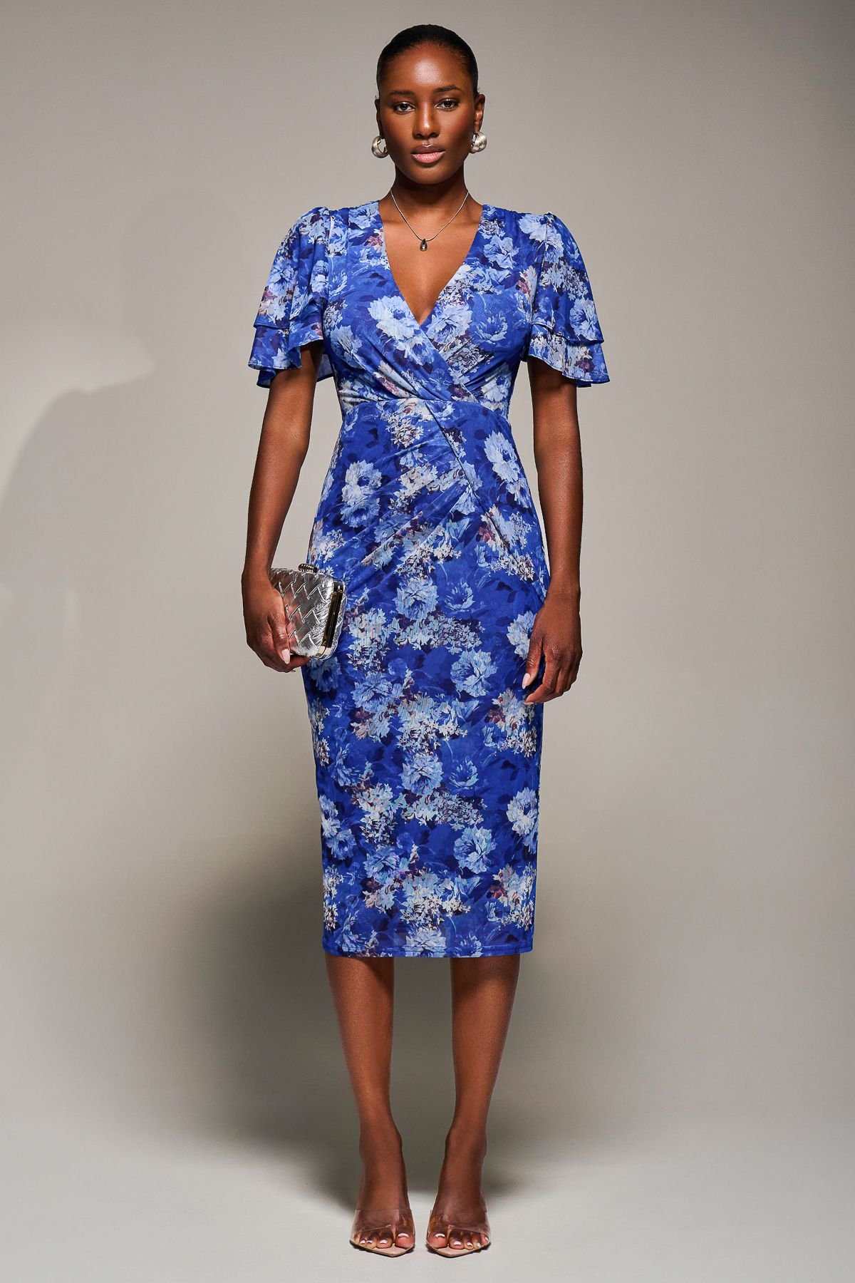 Jolie Moi Jolie Moi Women's Angel Sleeve Mesh Bodycon Dress in Blue - 2