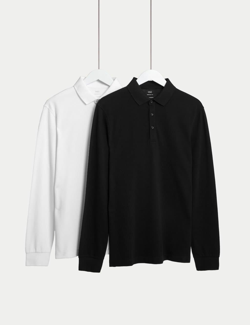 Marks & Spencer M&S 2 Pack Pure Cotton Long Sleeve Polo Shirts White Mix