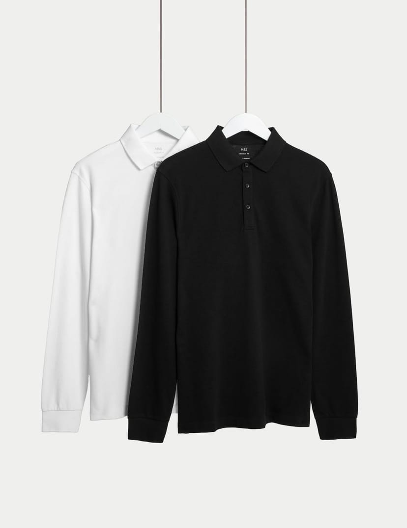Marks & Spencer M&S 2 Pack Pure Cotton Long Sleeve Polo Shirts White Mix - 1