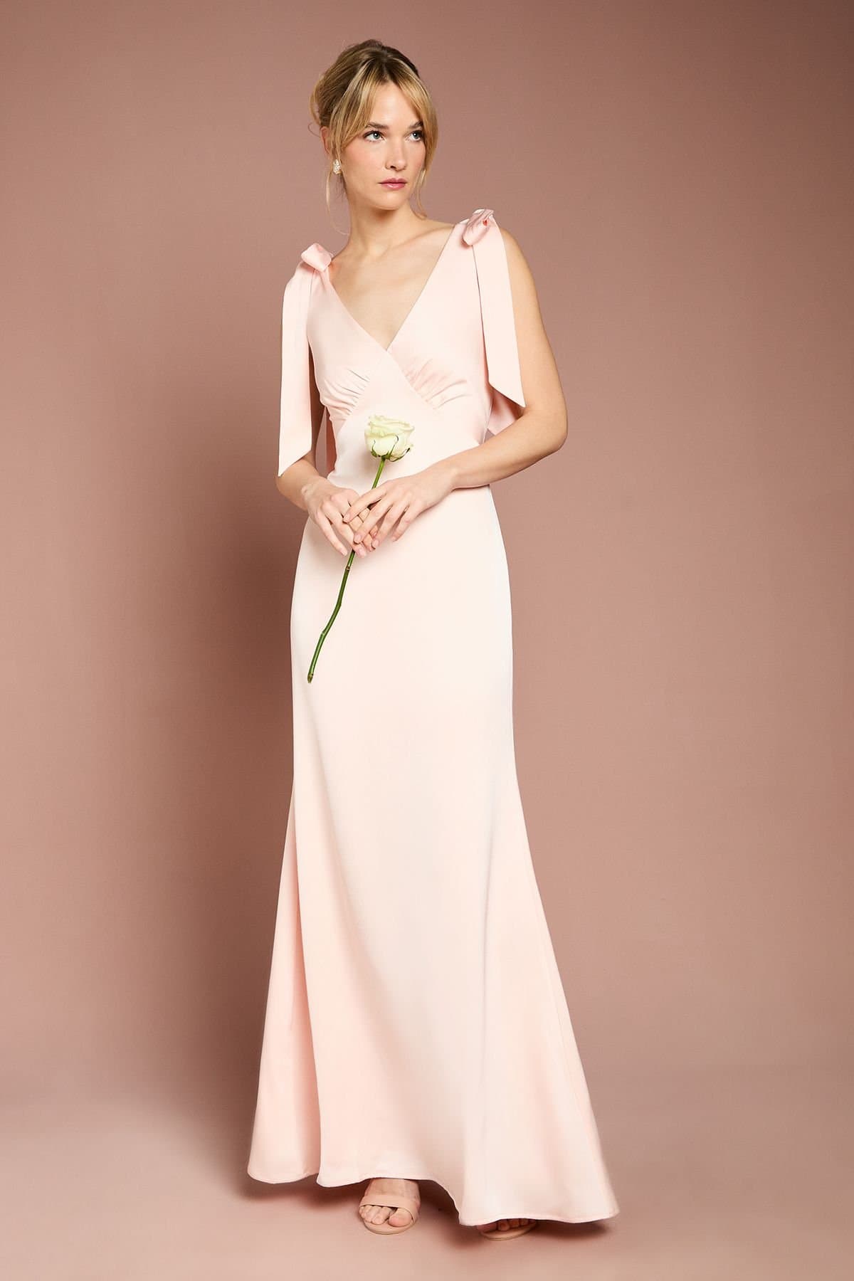 Coast Coast Women's Honoured Satin Back Crepe V Neck Tie Shoulder Maxi Bridesmaid Dress in Blush