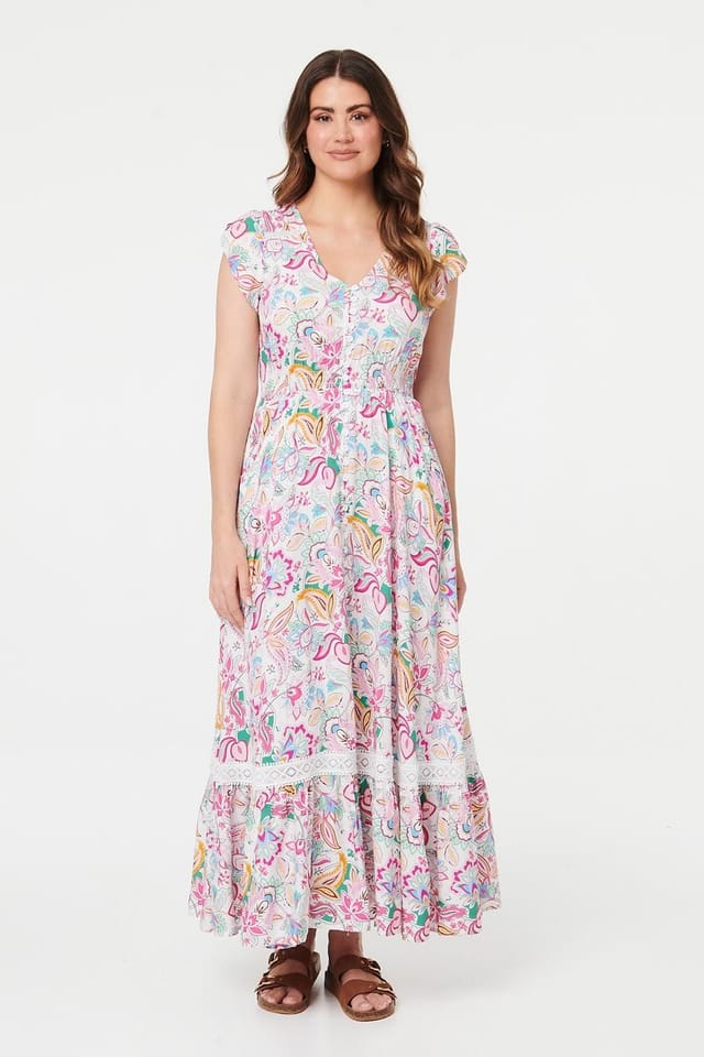 Izabel London Izabel London Women's Paisley Cap Sleeve Maxi Tiered Dress in White - 2