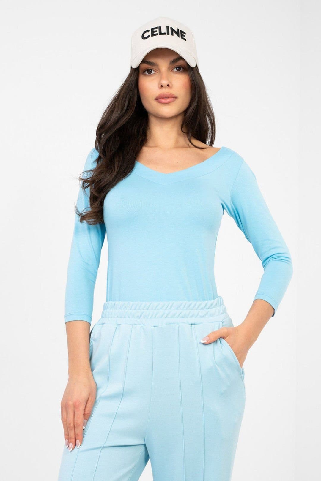 Love Lace Love Lace Women's V Neck Stretch Cotton Blouse in Blue