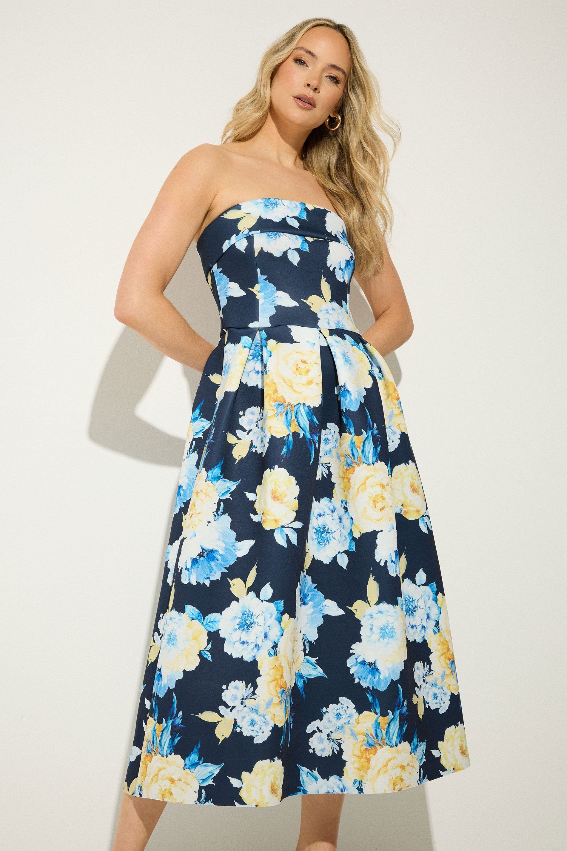 Long Tall Sally Long Tall Sally Women's Tall Floral Pleated Bardot Dress in Mid Navy - 4